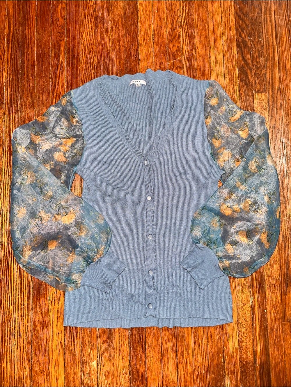 Sioni Women Blue V-Neck Button Front Floral Sheer Sleeve Cardigan Sweater Size L